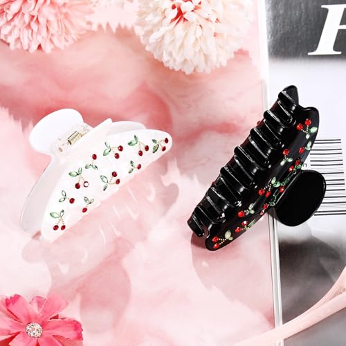 2 PC Acrylic Hair Clips Claws for Women with Rhinestone Red Cherry Claw Clip Cute Aesthetic Hair Fix Hair Clips Birthday Day Gifts for Women (White, Black)