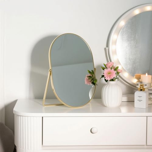 Feyarl Champagne Gold Oval Vanity Mirror 12x8 Inch Vertical Tabletop Makeup Mirror Decorative Standing Cosmetic Mirror for Bedroom Bathroom Desk Dresser