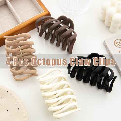 4 Pcs Octopus Claw Clips Octopus Hair Claw Clips for Women 3.8" Large Hair Claw Clip for Women Strong Grip Non-slip Jaw Clip for Thick,natural color