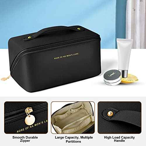 Premium Nylon Cosmetic Bag Travel Bag, Large Capacity Layered Cosmetic Bag Zipper Bag, Portable Travel Organizer Multifunctional Waterproof Bag, Easy to Carry, Gift for Women (New-Black)