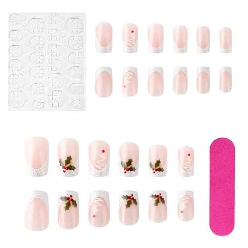 24 Pcs Christmas Pink Press on Nails Short Square - SHANRUN Xmas White French Fake Nails Press ons Nail Art Tip Glue on Nails Full Cover Artificial Acrylic False Nails with Christmas Tree Fruit Design