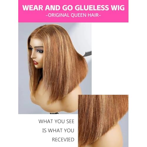 ORIGINAL QUEEN Short Straight Wigs 5x7 Wear and Go OQ Hair Glueless Wigs Human Hair Pre Plucked Pre Cut Pre Bleached Highlight Blonde Bob Straight Wigs for Women 4/27 Color 10Inch