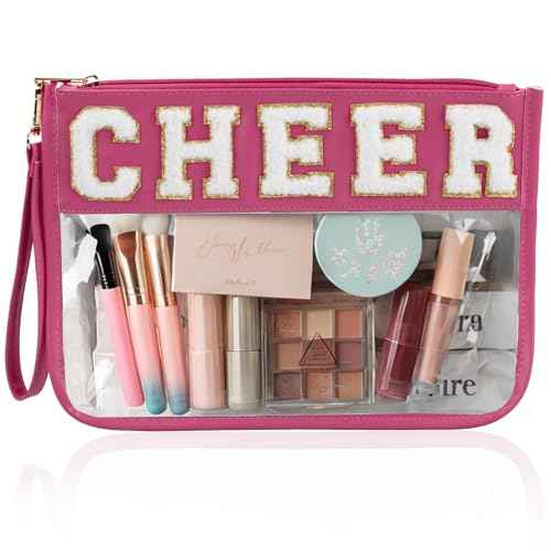 Cheer Chenille Letter Bags Clear Makeup Bag, Cheerleader Gifts Cosmetic Bag, Varsity Preppy Patch Flat Pouch Cheer Accessories, Waterproof PVC Organizer Toiletry Bag for Women Girls