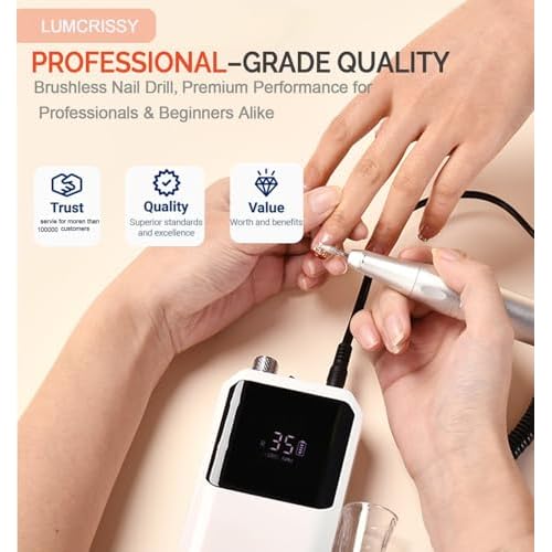 Professional Nail Drill Machine - Cordless Brushless Motor Nail File, 45000 RPM 2*3500mAh Portable Efile for Acrylic Gel Nails with 6 Bits & ETL-Certified USB Charger for Salon & Home