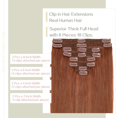 S-noilite Clip in Human Hair Extensions 100% Real Remy Thick True Double Weft Clip in Hair Extensions Full Head 8 Pieces 18 Clips Straight Silky (14 Inch - 120g,Dark Auburn (#33))