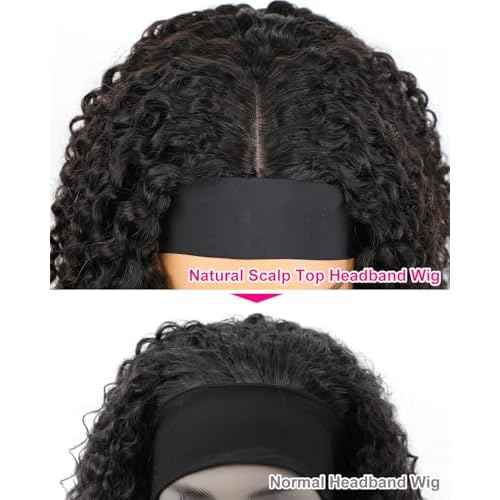 V SHOW Kinky Curly Headband Wig Human Hair Upgrade Natural Scalp Top Middle Part Glueless Headband Wig for Women 16inch Brazilian Kinky Curly Virgin Human Hair Wear and Go 180% Density Wig