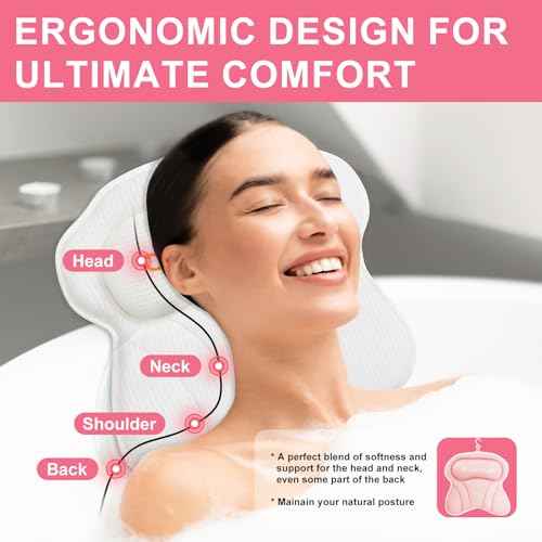 Bath Pillows for Tub, Bath Pillow Luxury Bathtub Pillow, Comfy Bath Tub Pillow for Bathtub for Head and Neck with Non-Slip Suction Cups for Tub, Relaxing Bath Accessories Spa Gifts-Pink