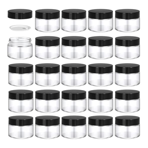24 Pack 1 oz Round Clear Glass Cosmetic Jars with Inner Liners and Black Lids, Travel Glass Jars, Cosmetic Containers for Lip Balms, Powders, Makeup, Cream, Eyeshadow, Slime, Paint