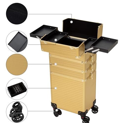 4 in 1 Portable Traveling Aluminum Professional Makeup Trolley Cart with Multiple-Sized Compartments and Wheels (Light gold)