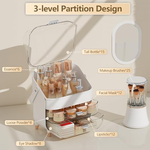 Makeup Organizer, skincare Organizers with Drawers and Lid, Makeup Organizer for Vanity with Handle for Vanity, Dresser, Bathroom Countertop, Christmas Gifts for Teen Girls Countertop(Silver)