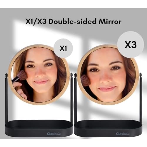 Bamboo Makeup Mirror with Storage, Double Sided Vanity Mirror 360¡Æ Rotation, 1X 3X Magnifying Table Mirror for Desk, Bathroom, Bedroom, Dressing Table