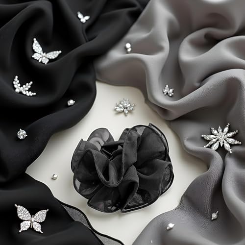 1Pc Black Large Chiffon Claw,Clip Hair Bow Large Size Fabric Ribbon Flower Rose For Women Clamps Accessories Clips,Jaw Claw Hair Clips Hair Accessories