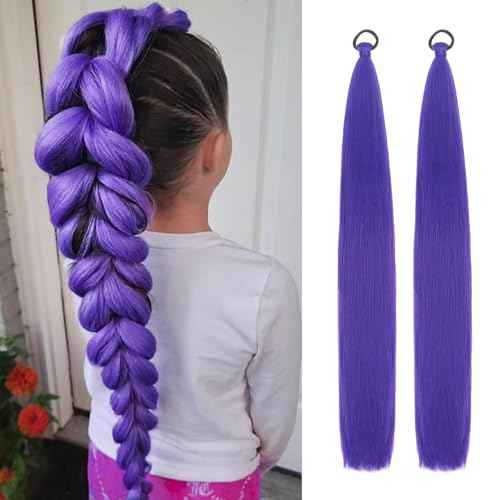 2 Packs Purple Ponytail Extension with Elastic Tie for women, 26 inch Wrap Around Braid Hair Extensions Halloween Costume Cosplay