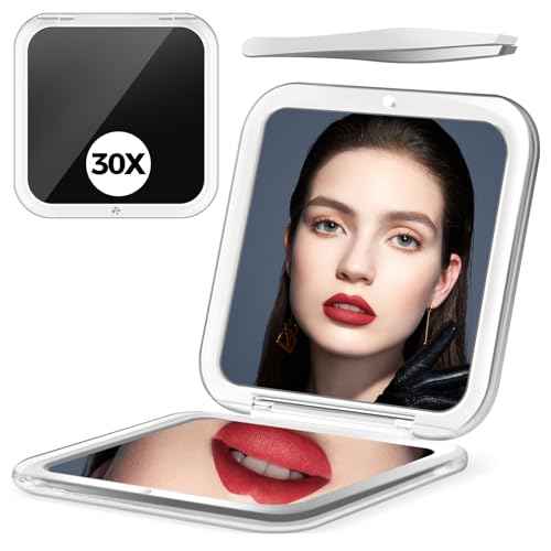 Compact Mirror, 30X Magnifying Mirror, Square Travel Makeup Mirror, 3.3x3.3 inch Small Pocket Mirror, Women's Magnetic Portable Mirrors with Precision Tweezers, Black