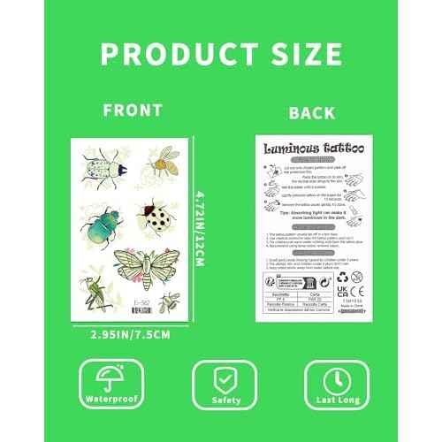 Glow In The Dark Insect Temporary Tattoos for Kids, 12 Sheets Luminous Butterfly Ladybird Bees Ant Fake Tattoo Stickers for Boys Birthday Party Favors Supplies Goodie Bag Fillers Gifts
