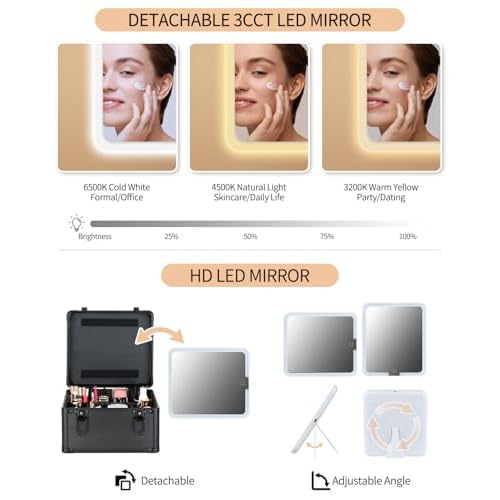 Makeup Case with Lighted Mirror, Travel Makeup Bag Organizer with 3CCT LED Mirror, Cosmetic Bag for Women with Adjustable Divider, Makeup Storage Box with Lock, Waterproof Travel Train Case