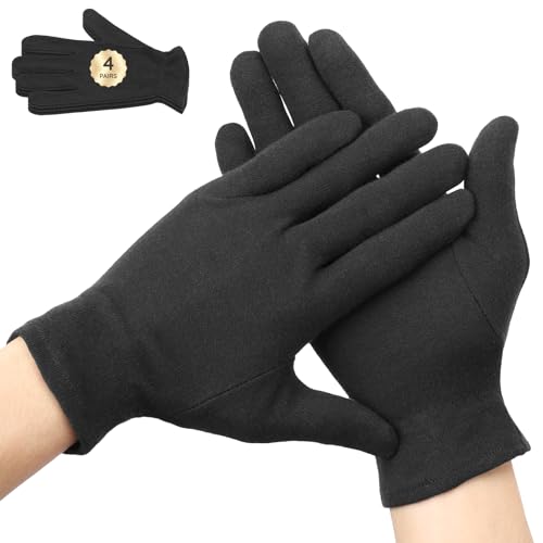 Segbeauty 8 Counts Elastic Black Lotion Gloves Overnight for Women, 4 Pairs Moisturizing Hand Cotton Gloves for Men with Elastic Band, Moisture Glove for Sleeping Working, Soft Sleep Lotion Mitt Glove