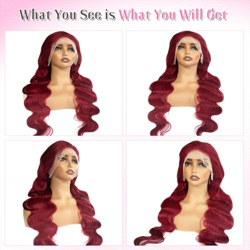 Benafee 28 Inch 99J Burgundy Lace Front Wigs Human Hair Body Wave 13x4 HD Transparent Lace Front Wigs Human Hair Pre Plucked Wine Red Glueless Real Remy Wig for Black Women Reddish Brown Color