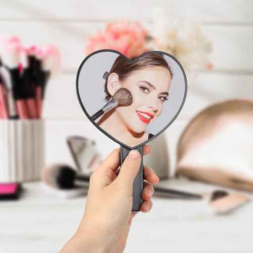 Heart-Shaped Handheld Mirror with Handle, Portable Travel Makeup Hand Mirror Decorative Mini Heart Cosmetic Lash Mirror for Women Girls (Black)