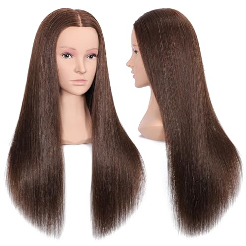 27" Female Mannequin Head with Shoulder 90% Human Hair and 10% Synthetic Hair Practice Hair Braiding Training Head Hair Styling Cosmetology Manikin Head Doll Head for Hairdresser (Brown Color)