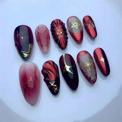 Short Almond Press on Nails Dark Red Fake Nails 3D Gold Designs Nails Press Ons Red Gradient Stick on Nails Full Cover Artificial Nails Gift for Women 24pcs