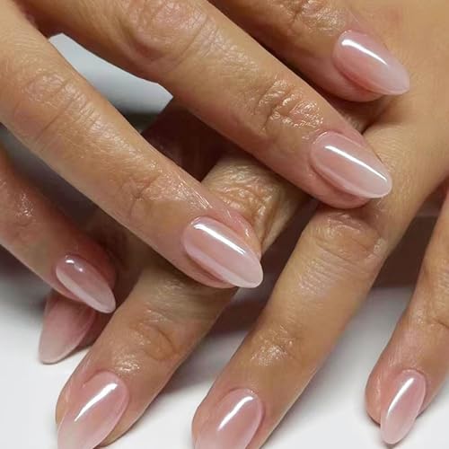 Almond Press On Nails - Chrome Designs, Glossy Glue On, Light Pink, 30 Pcs