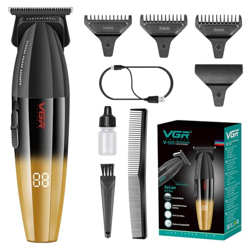 VGR 906 Fresh Fade Professional Hair Trimmer, 9000rpm Zero Gapped Beard Trimmer for Men, DLC T-Blade Cordless Hair Clipper for Barbers and USB Rechargeable, Gold