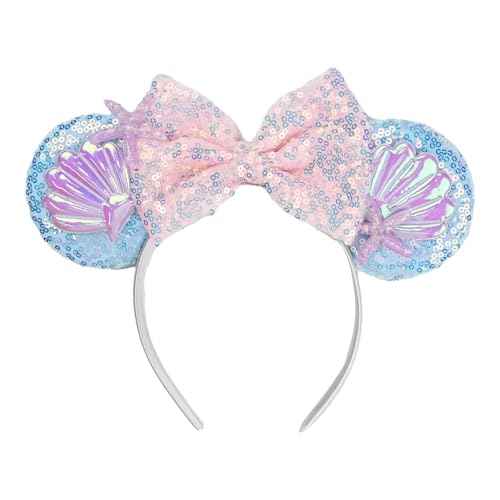 JIAHANG Mermaid Mouse Ears Headband with Sequin Bow, Seashell Hair Band Party Decoration Headwear for Women Girls