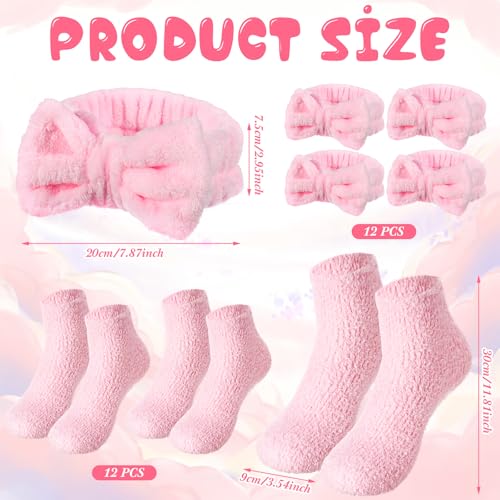 24 Pcs Pink Spa Party Favors Sleepover Party Supplies for Girls Include 12 Spa Headband, 12 Fuzzy Socks for Slumber, Bachelorette, Pajama Gift