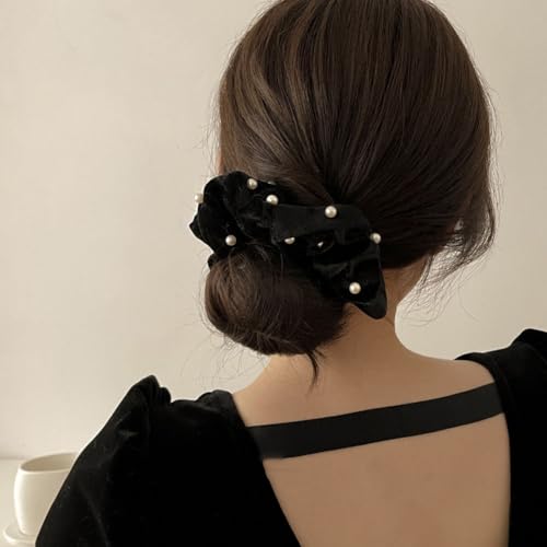 6 Pcs Pearl Velvet Elastic Hair Ties Black Ponytail Holders Pearl Rubber Band Hair Ropes Headbands Hair Accessories Scrunchie Ropes for Women Girls