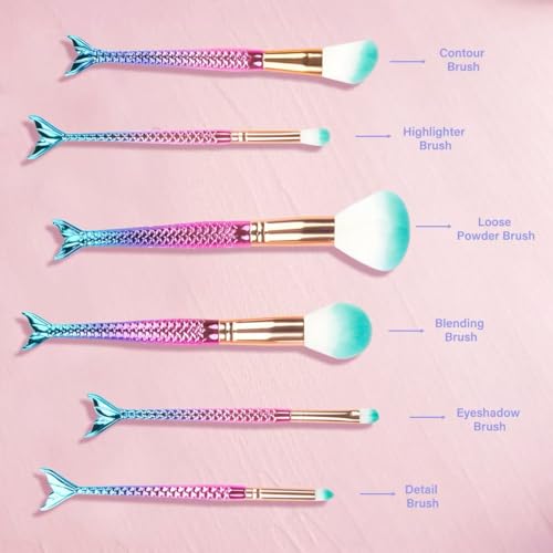 6 Piece Mermaid Makeup Brush Set Cute Girl Makeup Brush Set Beauty Makeup Tools Female Beauty Concealer Cream Brush, Suitable for Girls, Teenagers and Children Gifts (Colour1)