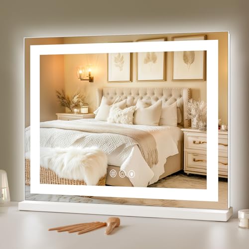 COOLJEEN RGB Vanity Mirror with Lights 23¡± X 18¡± Makeup Mirror with Front Light and RGB Backlit Lighted Makeup Mirror with 3 Color Lighting Dimmable Tempered Glass 10x Magnification and Wall-Mounted