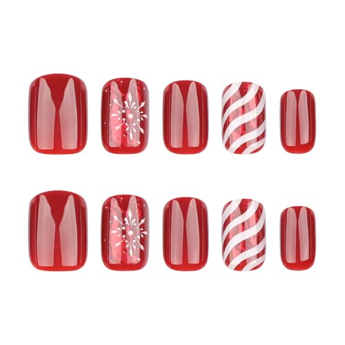 24 Pcs Christmas Red Press on Nails Short Square - LINMEIZAI Xmas French Fake Nails Press ons Nail Art Tips Glue on Nails Full Cover Acrylic False Nails with Glossy Snowflake Stripes Design for Women