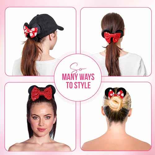 Styla Hair 2pk Mouse Ear Scrunchies for Kids Velvet Hair Bow Scrunchies for Women - Sparkle Sequins Mouse Hair Bands for Pony Tail (Red Black)