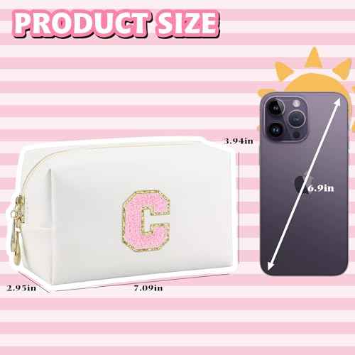 Initial Makeup Bag,Personalized preppy bag Waterproof PU Leather Chenille Letter Cosmetic Bag,Portable Travel Toiletry Bag Monogram Birthday Gift for Women Girls Mom Friends (Letter C)