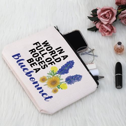 G2TUP Bluebonnet Lover Gift In A World Full Of Roses Be A Bluebonnet Makeup Bag Bluebonnet Fan Cosmetic Bag Bluebonnet Texas Pride Merch (Be A Bluebonnet MB)