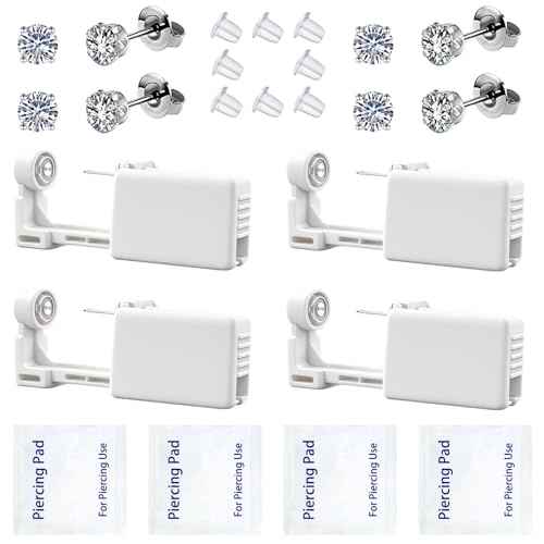 Ear Piercing Kit, Disposable Ear Piercing Gun Preloaded CZ Earring Studs, Body Piercing Kits for Your Own Use at Home (Silver)