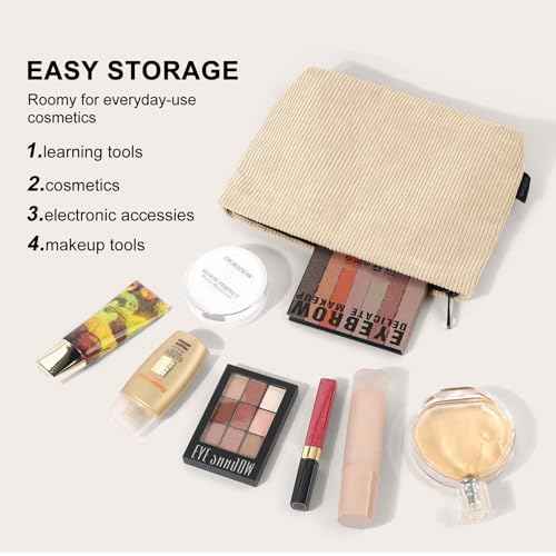 MAGEFY Small Makeup Bag, 2 PCS Corduroy Make up Bag for Purse Large Capacity Travel Cosmetic Bag for Women Zipper Makeup Pouch for Travelling Preppy Stuff - Beige