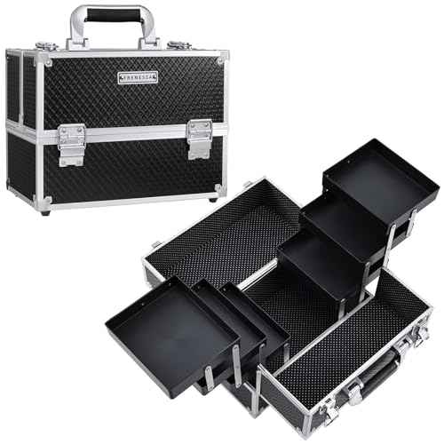 FRENESSA Makeup Train Case Makeup Case 11.8 Inch Large Cosmetic Box Organizer Travel Storage Professional Make Up Train Carrying Case with 6 Trays Locking Hard Vanity Storage Black
