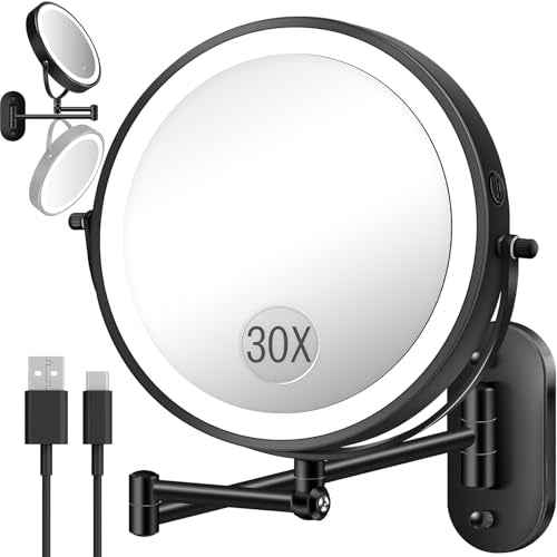 30X/1X Wall Mounted Lighted Makeup Mirror, 9'' Height Adjustable Double Sided 5000mAh Rechargeable Magnifying Bathroom Mirror with Light, 3 Color Modes Touch Dimmable Extended Arm 360 Rotation