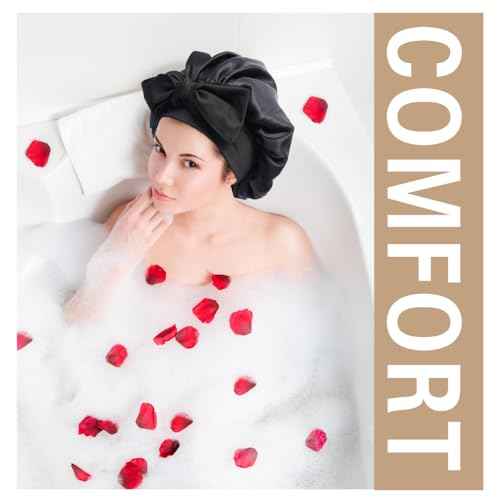 Silk Bonnet for Sleeping Women, Ajustable Hair Bonnet for Curly Hair with Tie Band Shower Caps Black£¬Large