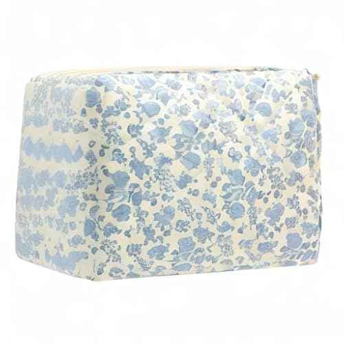 PAZIMIIK Quilted Makeup Bag Large Travel Zipper Soft Cosmetic Pouch for Women Girls Make Up,Little Flower Blue