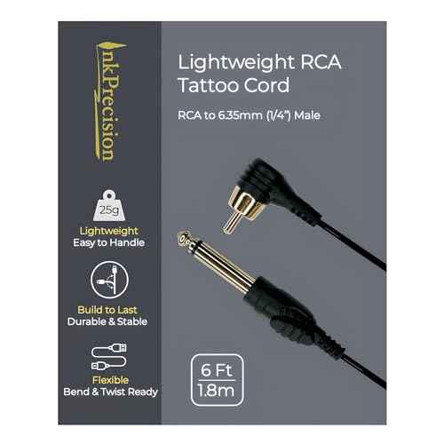 Lightweight RCA Tattoo Clip Cord - 90 Degree RCA to 6.35mm (1/4") Connector Cable for Professional Rotary Machine Gun, Cables for PMU Tattoo Pen Power Supply (6FT, 1Pack)