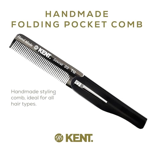 Kent 20T Black Graphite Handmade Folding Pocket Comb for Men, Fine Tooth Hair Comb Straightener for Everyday Grooming Styling Hair, Beard or Mustache, Use Dry or with Balms, Saw Cut, Made in England