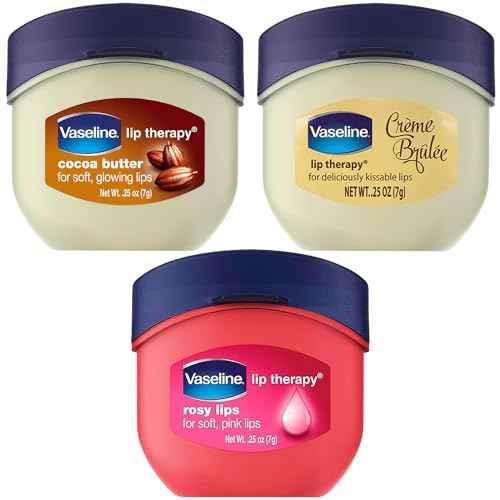 Vaseline Lip Therapy Variety 3-Pack ? Cr?me Br?l?e, Rosy Lips, Cocoa Butter Mini Lip Balms for Soft, Glowing, and Deliciously Kissable Lips, 0.25 Oz Ea