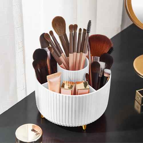 Diesisa Makeup Brush Holder Organizer,360¡Æ Rotating Makeup Brush Organizer,5 Slot Make up Brushes Cup for Cosmetics, Nail Polish, Art Supply, Bathroom Vanity Desktop Organizer - White