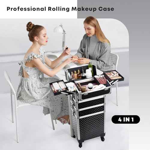 Rolling Makeup Train Case, 4-in-1 Cosmetology Case on Wheels, Nail Tech Cart for Travel, Professional Cosmetic Vanity Case, Suitcase for MUA/Manicure/Tattoo/Style, Lockable Storage Box, Black
