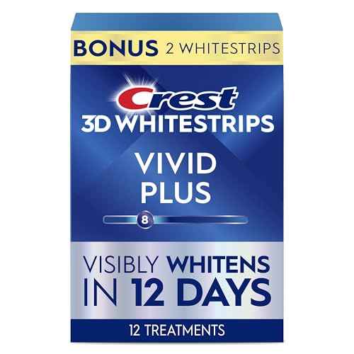 Crest 3D Whitestrips Vivid Plus, Teeth Whitening Strip Kit, 10 Treatments + 2 Bonus Treatments (Each with 1 Upper/1 Lower Strip), 24 Strips, 8 Levels Whiter, Teeth Whitening Kit