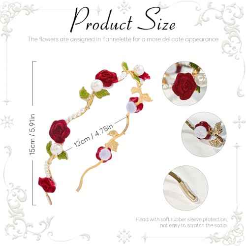 Red Rose Metal Hair Wreath Pearl Floral Flower Crown Headpiece Dainty Forest Style Headband Artificial Roses Hair Accessories for Girl and Flower Girls Bridal Wedding Party Photos