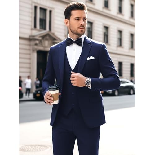 MAGE MALE Mens 3 Piece Suits Slim Fit Tuxedo Suit Set Soild Prom Wedding Suits One Button Blazer Vest Pants Set with Bow Tie